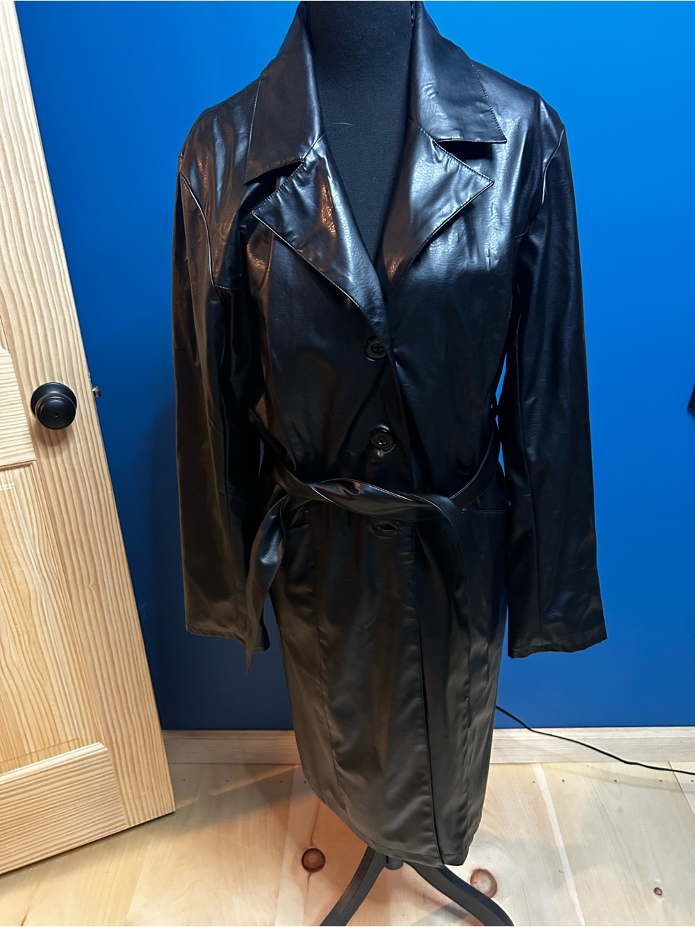 Xhilaration Black Faux Leather Trench Coat with Belt